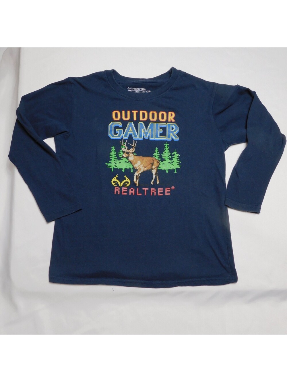 Realtree Outdoor Gamer Shirt Boys Long Sleeve Navy Blue Deer Hunting Graphic Tee